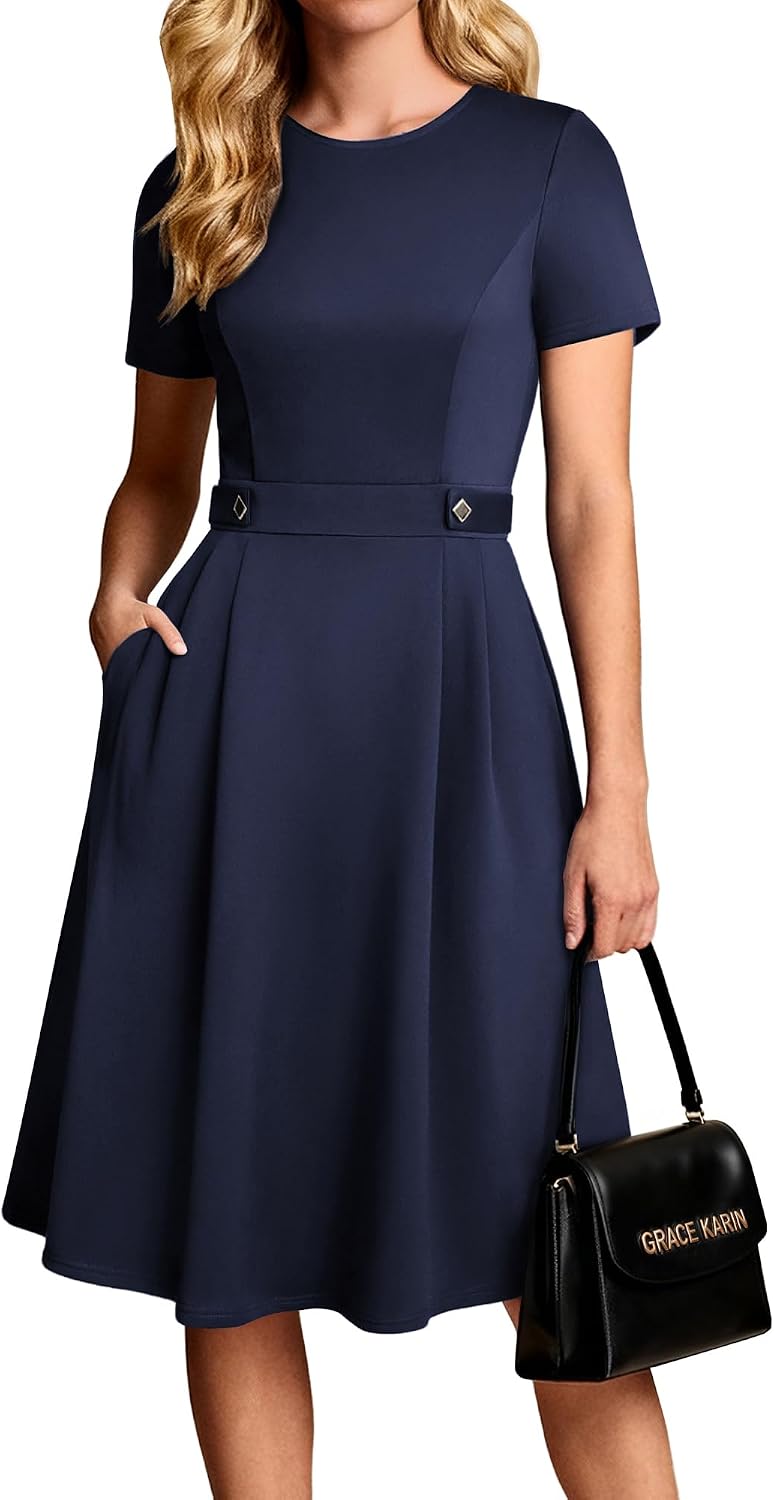 Women's Short Sleeve Midi Work Dress - Fit and Flare A-Line with Zipper Back and Pockets for Office and Church - Small