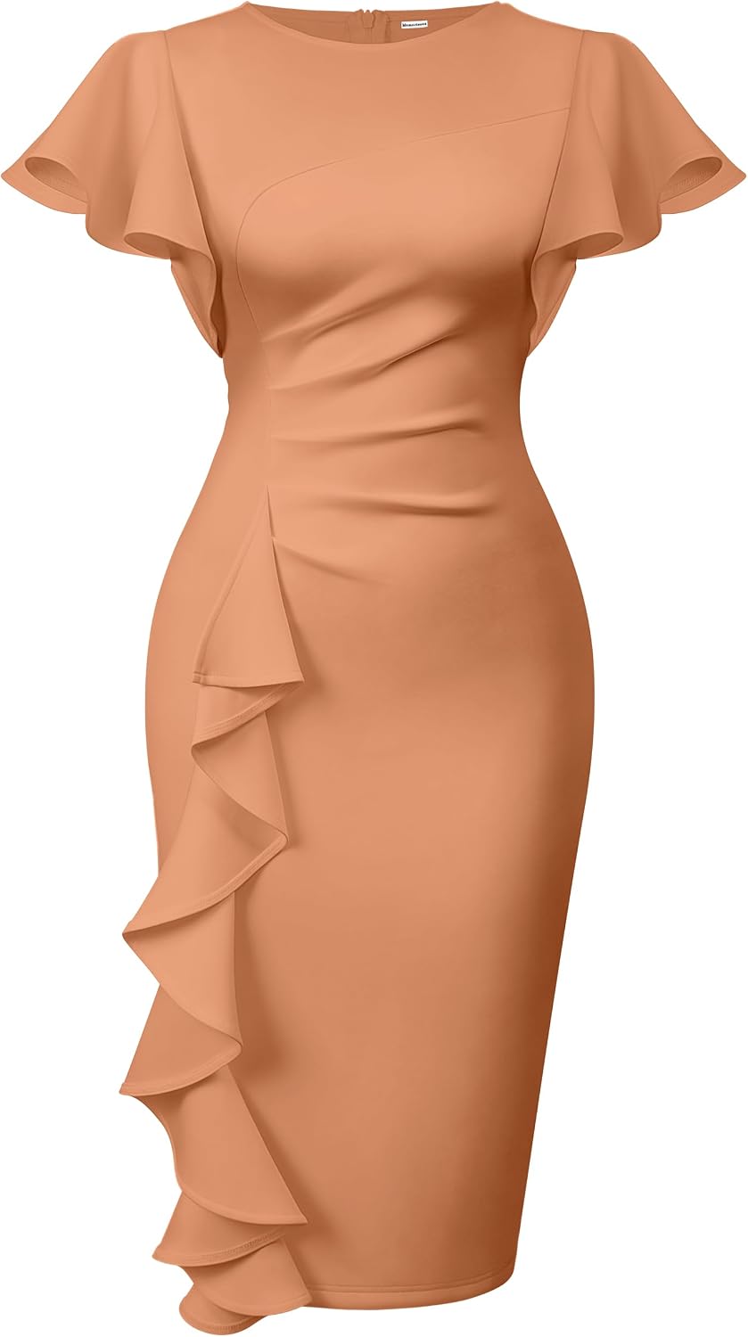 Women's Ruffle Sleeve Sheath Dress - Ruched Waist Midi with Back Zipper and Knee Length Hem for Office Wear - Large