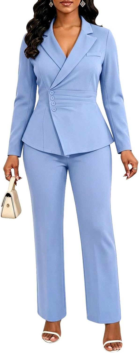 Women's Ruched Two Piece Pant Suit - Single Breasted Blazer, Back Belt and Matching Trousers for Business Wear - Small