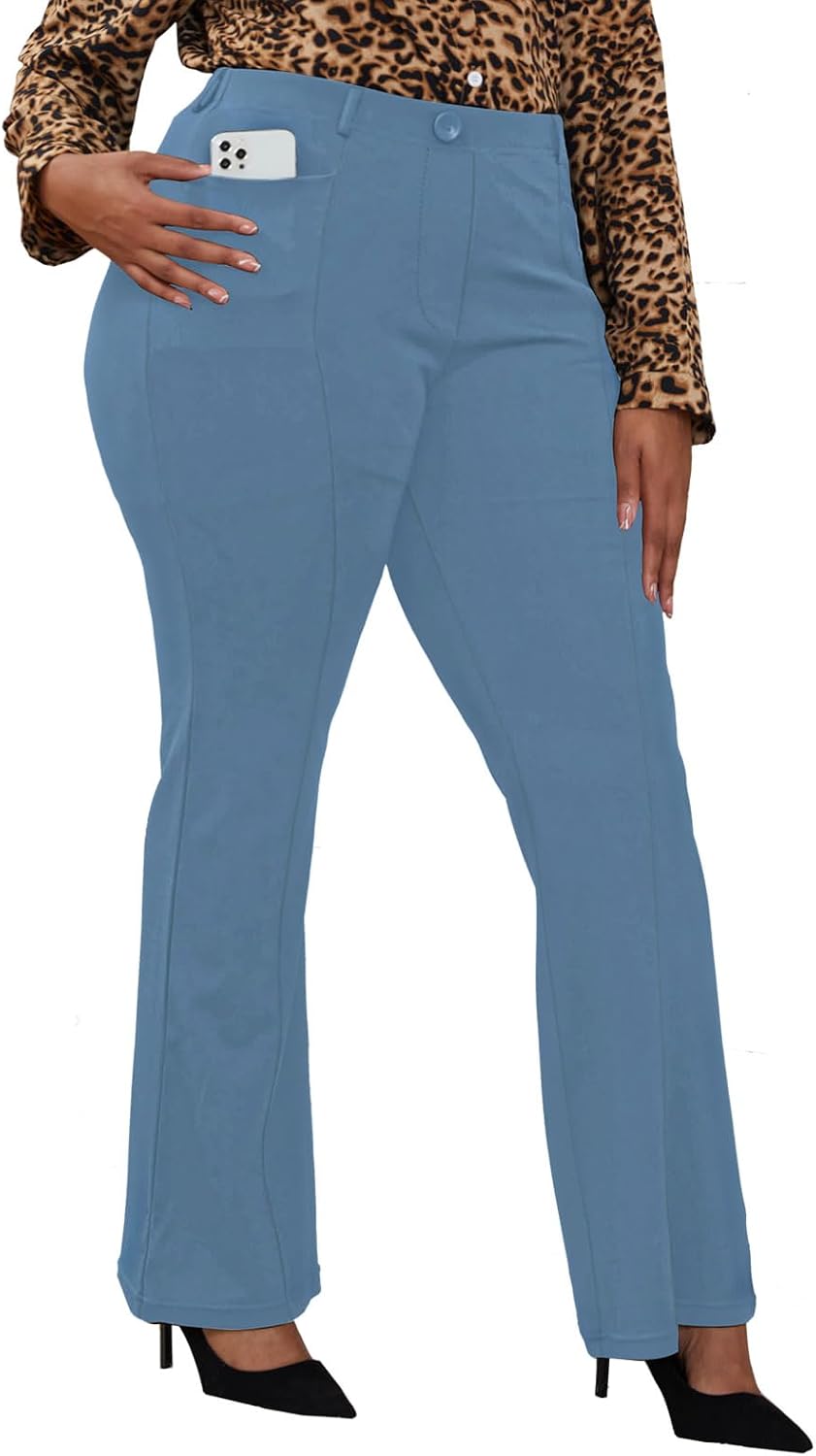 Women's Plus Size Pull On Dress Pants - Wrinkle Free Stretch Office Trousers in Petite, Regular and Long Fits - Long (8)