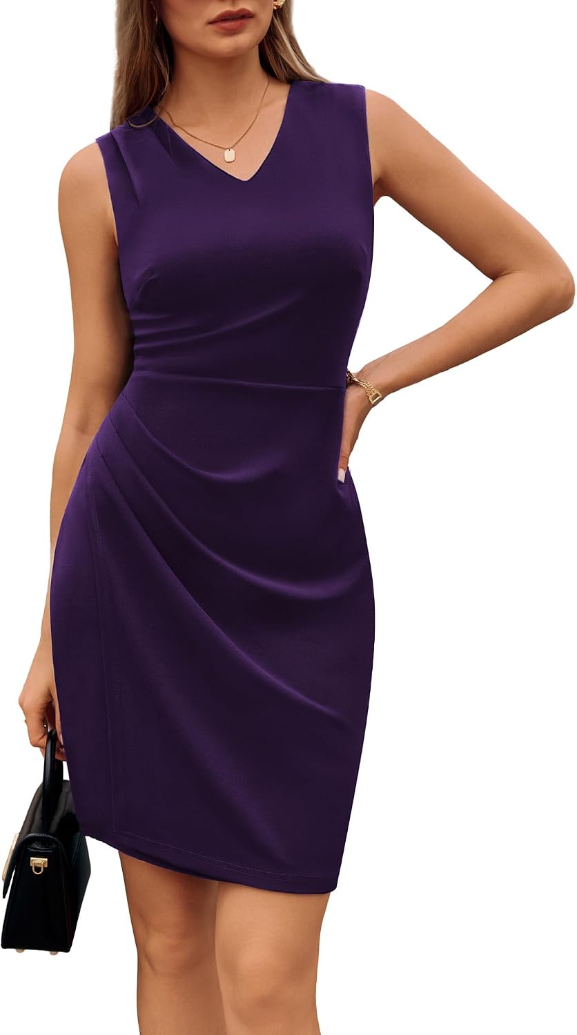 Women's Ruched Bodycon Wrap Dress - Sleeveless V Neck Pencil Dress for Office, Cocktail Hours and Work Parties - Small