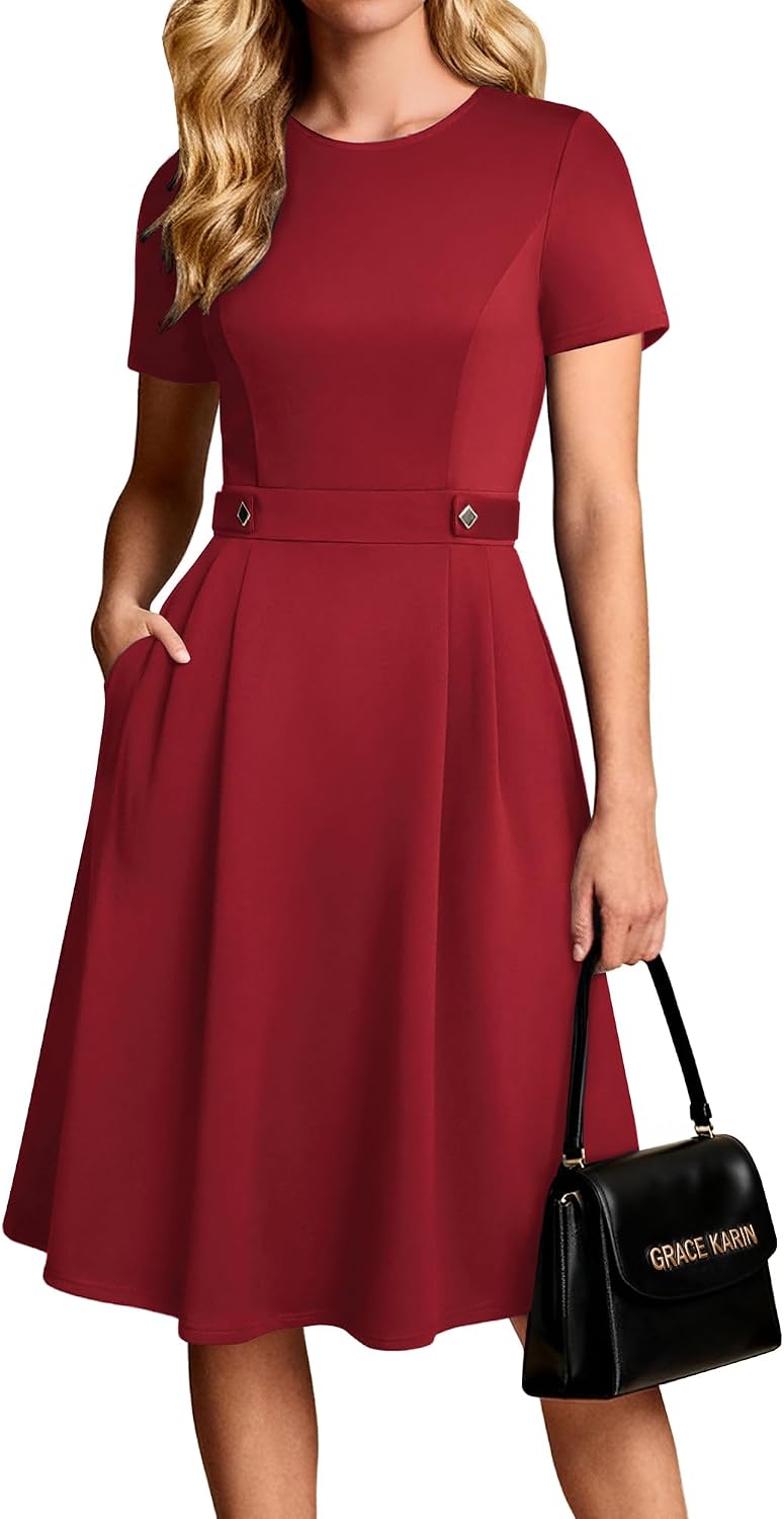 Women's Short Sleeve Midi Work Dress - Fit and Flare A-Line with Zipper Back and Pockets for Office and Church - Small