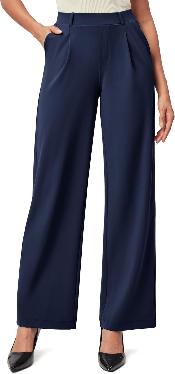 Women's Stretchy Wide Leg Work Pants - Pull On High Waisted Trousers for Teaching, Travel and Office Days - Small