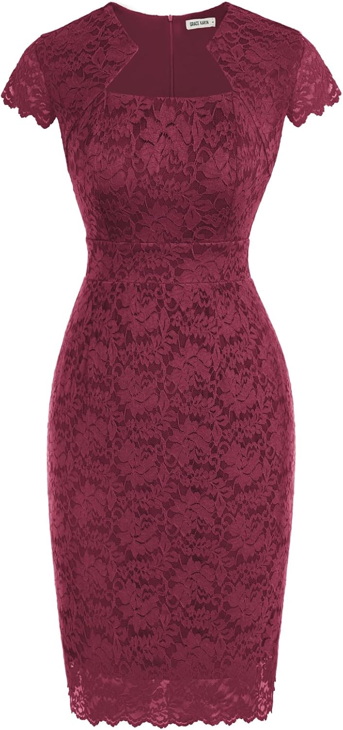 Women's Lace Cocktail Dress - Cap Sleeve Bodycon Pencil Dress for Weddings, Banquets and Semi Formal Evenings - Small