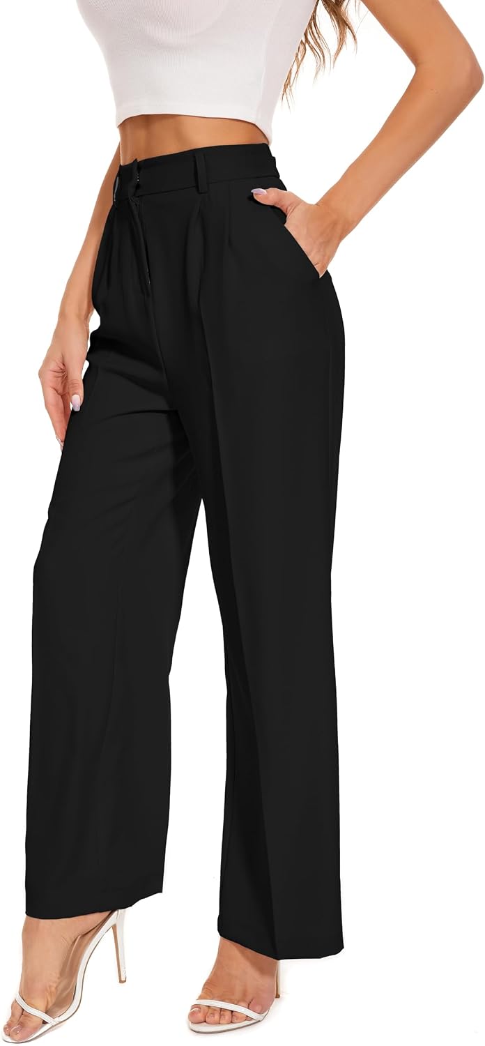 Women's High Waist Wide Leg Work Pants - Loose Office Slacks with Back Elastic Waistband for Business Casual - Small Sho