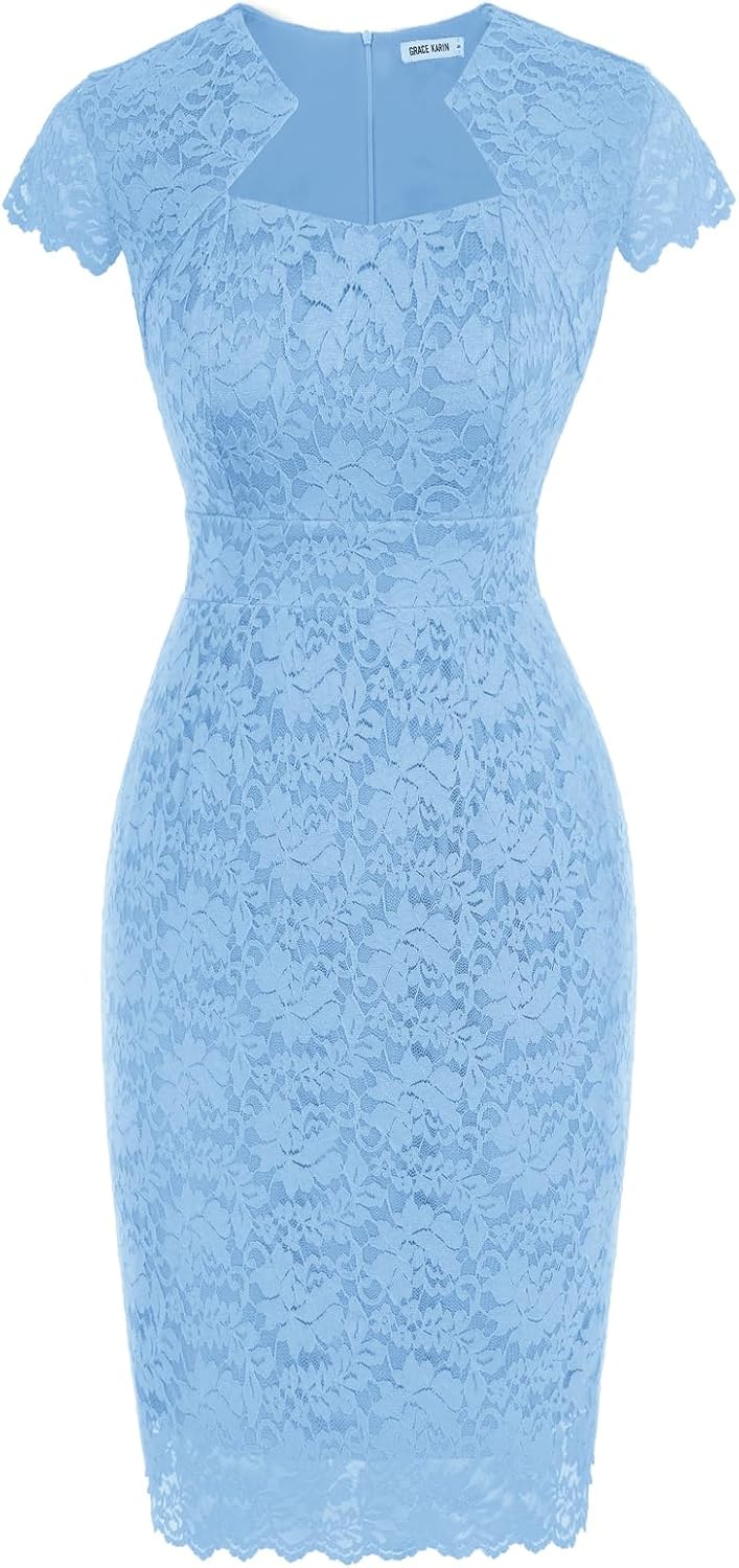 Women's Lace Cocktail Dress - Cap Sleeve Bodycon Pencil Dress for Weddings, Banquets and Semi Formal Evenings - Small