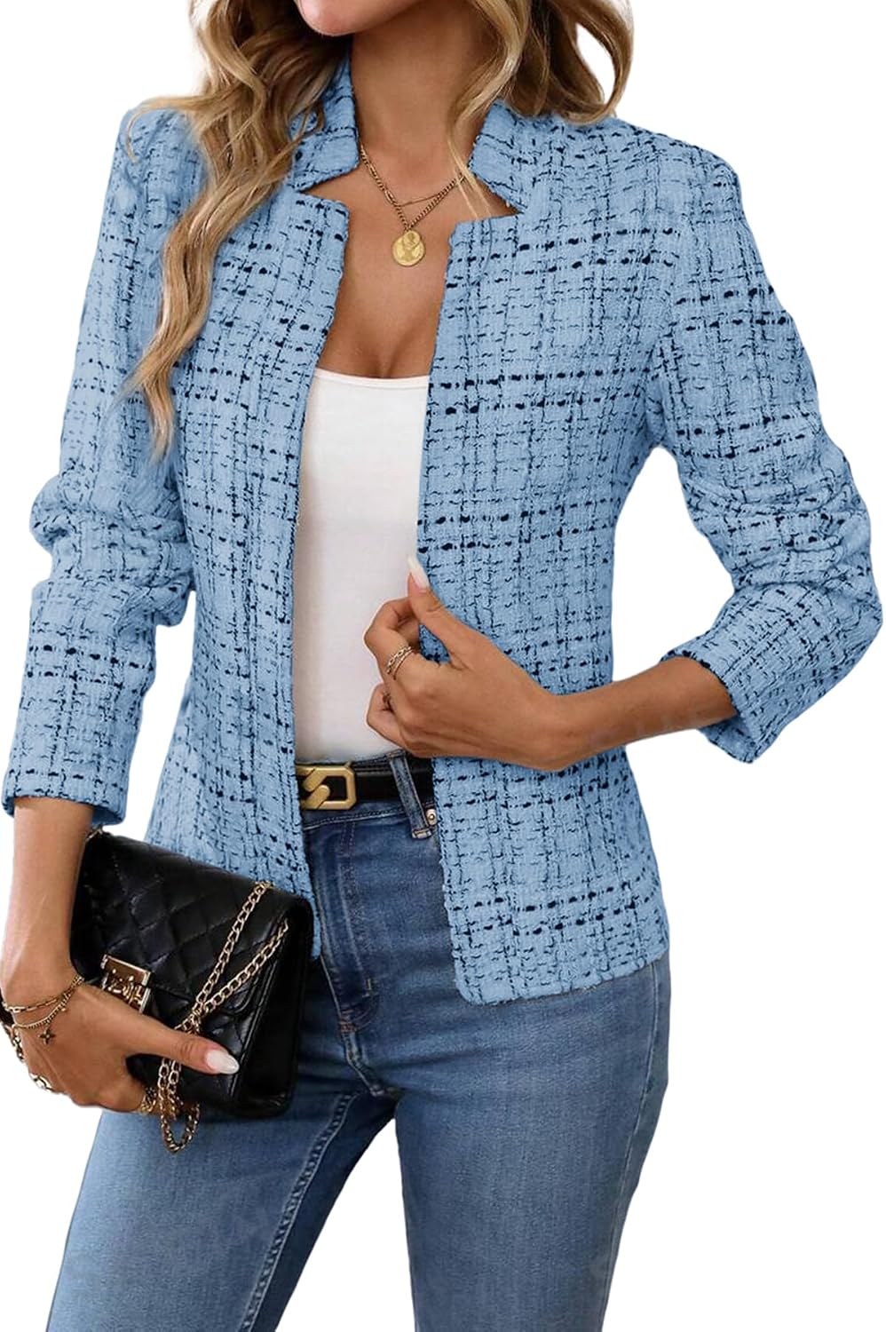 Women's Tweed Open Front Blazer - Fully Lined Notch Collar Jacket with Long Sleeves for Office and Business Wear - Small