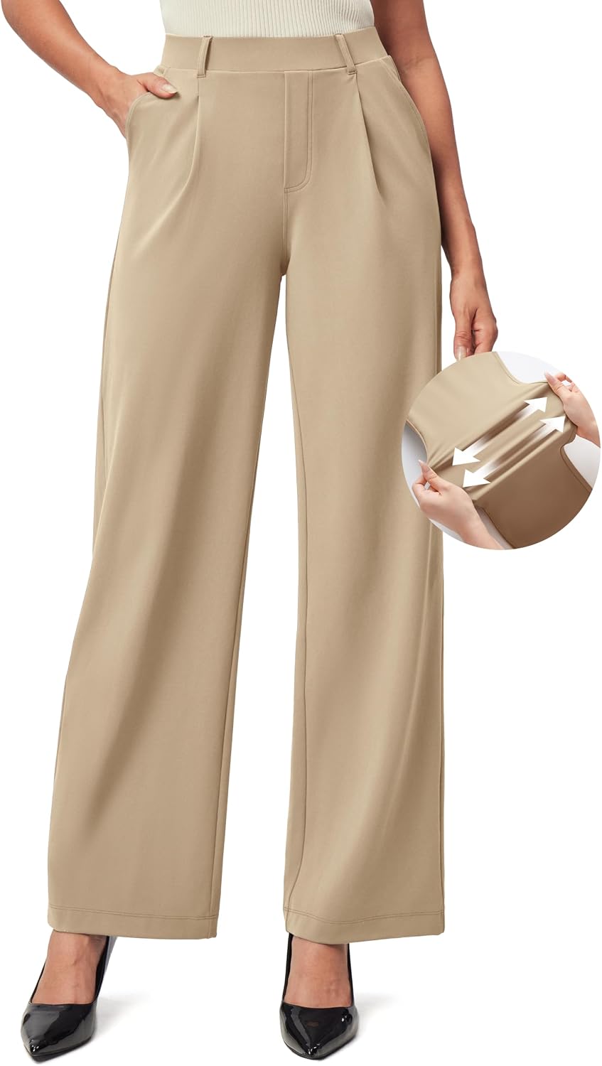 Women's Stretchy Wide Leg Work Pants - Pull On High Waisted Trousers for Teaching, Travel and Office Days - Small