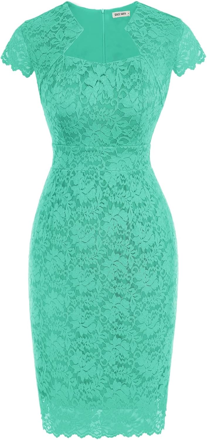 Women's Lace Cocktail Dress - Cap Sleeve Bodycon Pencil Dress for Weddings, Banquets and Semi Formal Evenings - Large