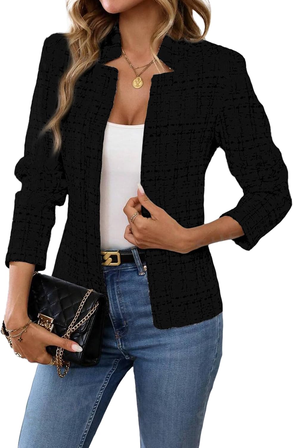 Women's Tweed Open Front Blazer - Fully Lined Notch Collar Jacket with Long Sleeves for Office and Business Wear - Small