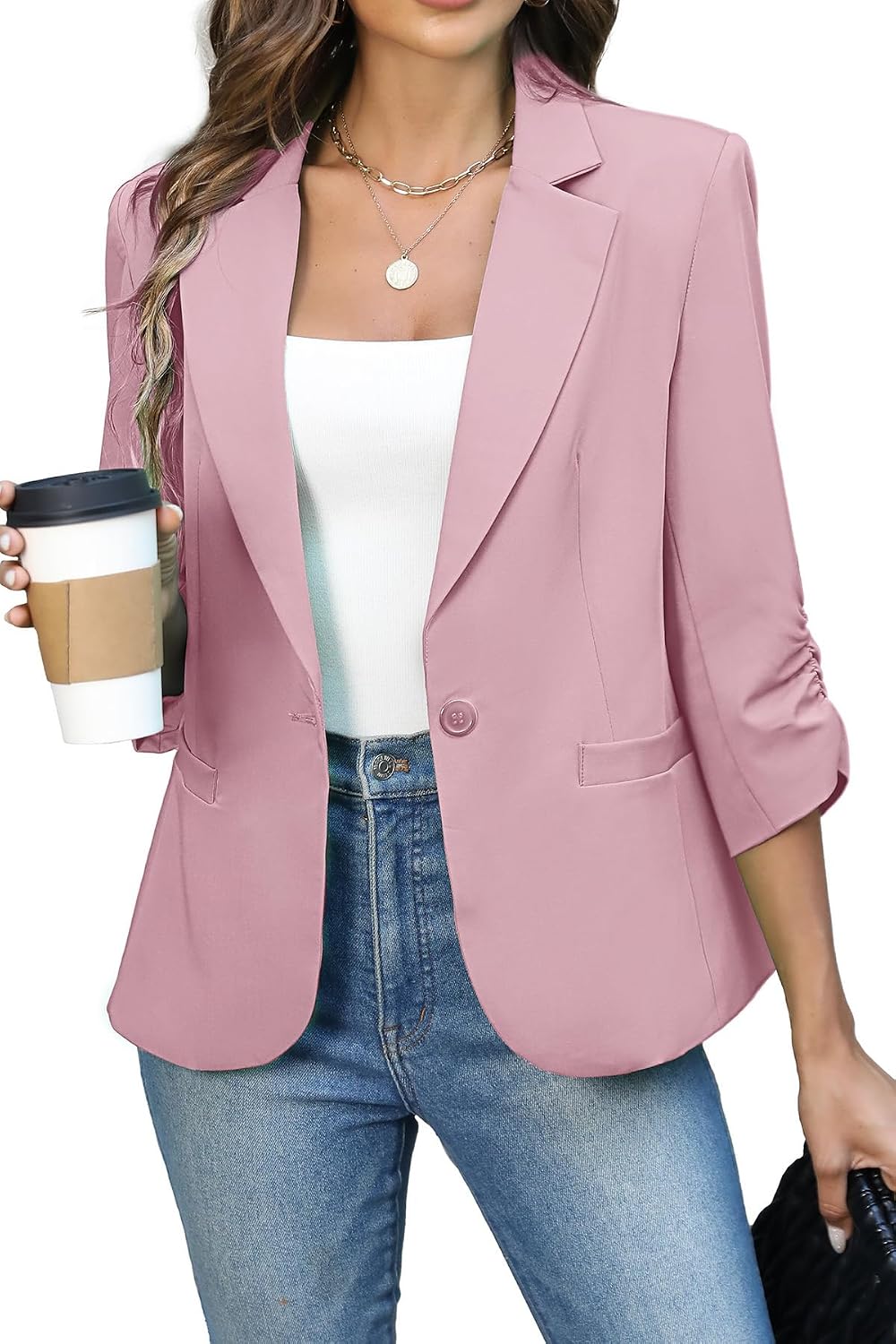 Women's Ruched Three Quarter Sleeve Blazer - Lightweight Fitted Crop Jacket with Full Lining for Spring Office - Small (