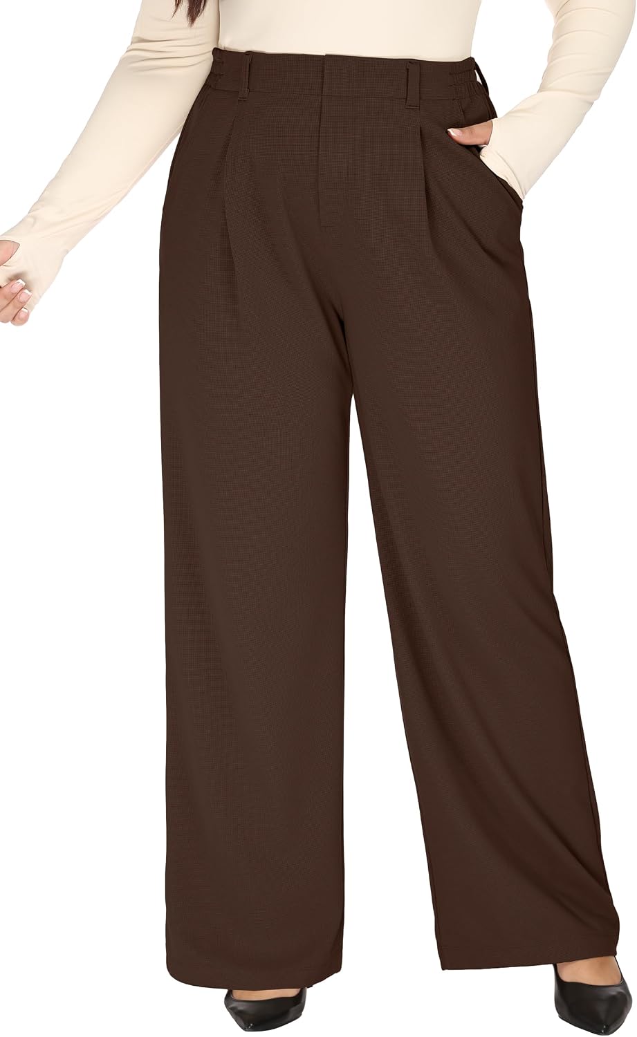 Women's Plus Size Wide Leg Dress Pants - Pull On Stretch High Waist Trousers with Two Pockets for Office Work - Petite (