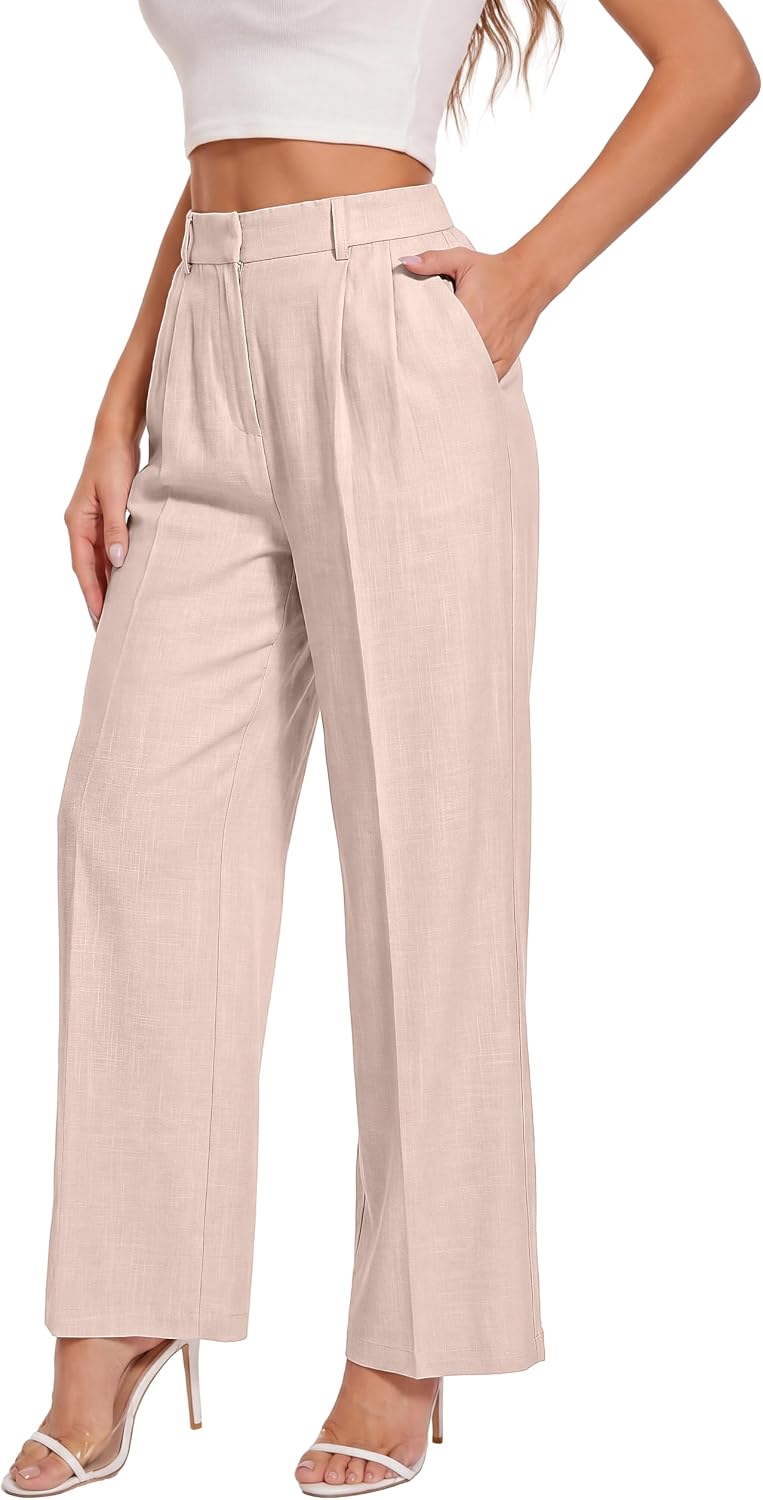 Women's High Waist Wide Leg Work Pants - Loose Office Slacks with Back Elastic Waistband for Business Casual - Large
