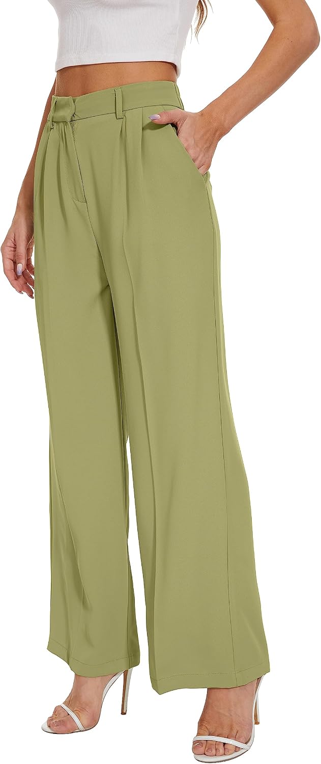Women's High Waist Wide Leg Work Pants - Loose Office Slacks with Back Elastic Waistband for Business Casual - Large Lon