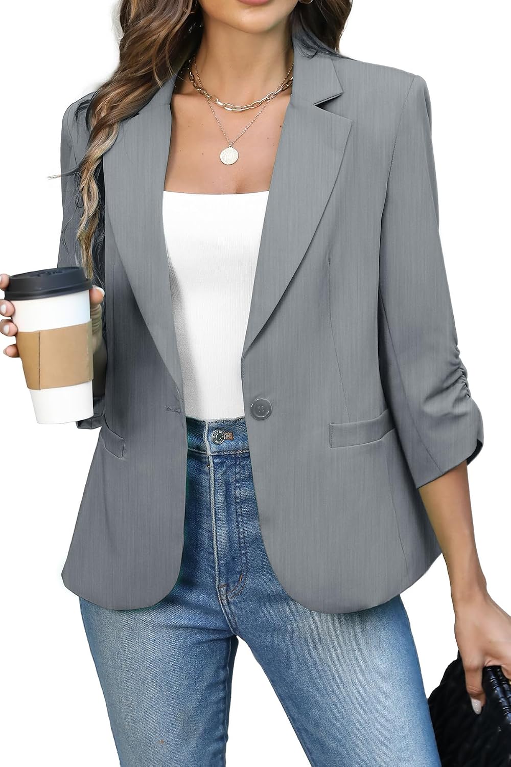 Women's Ruched Three Quarter Sleeve Blazer - Lightweight Fitted Crop Jacket with Full Lining for Spring Office - Medium
