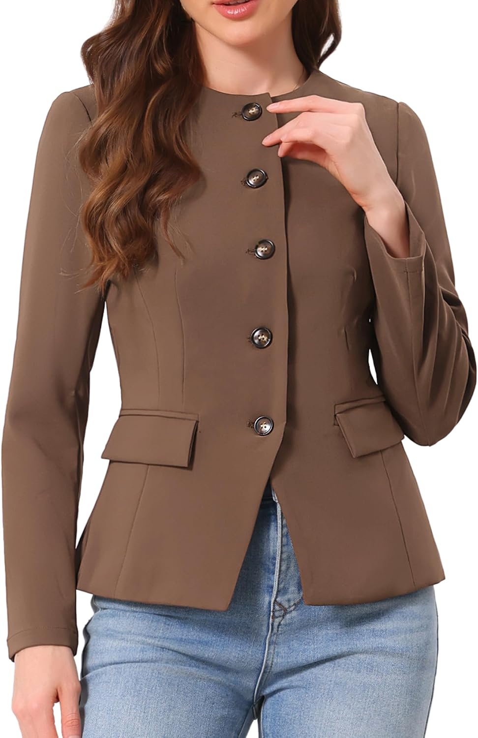 Women's Fitted Collarless Blazer - Button Down Work Suit Jacket with Pockets for Business Casual Office Days - Small