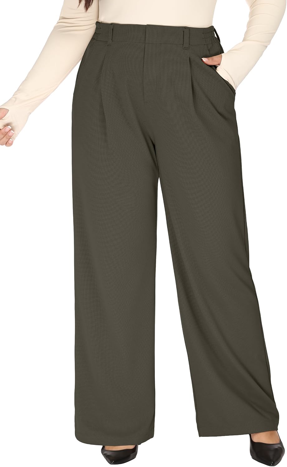 Women's Plus Size Wide Leg Dress Pants - Pull On Stretch High Waist Trousers with Two Pockets for Office Work - Petite (