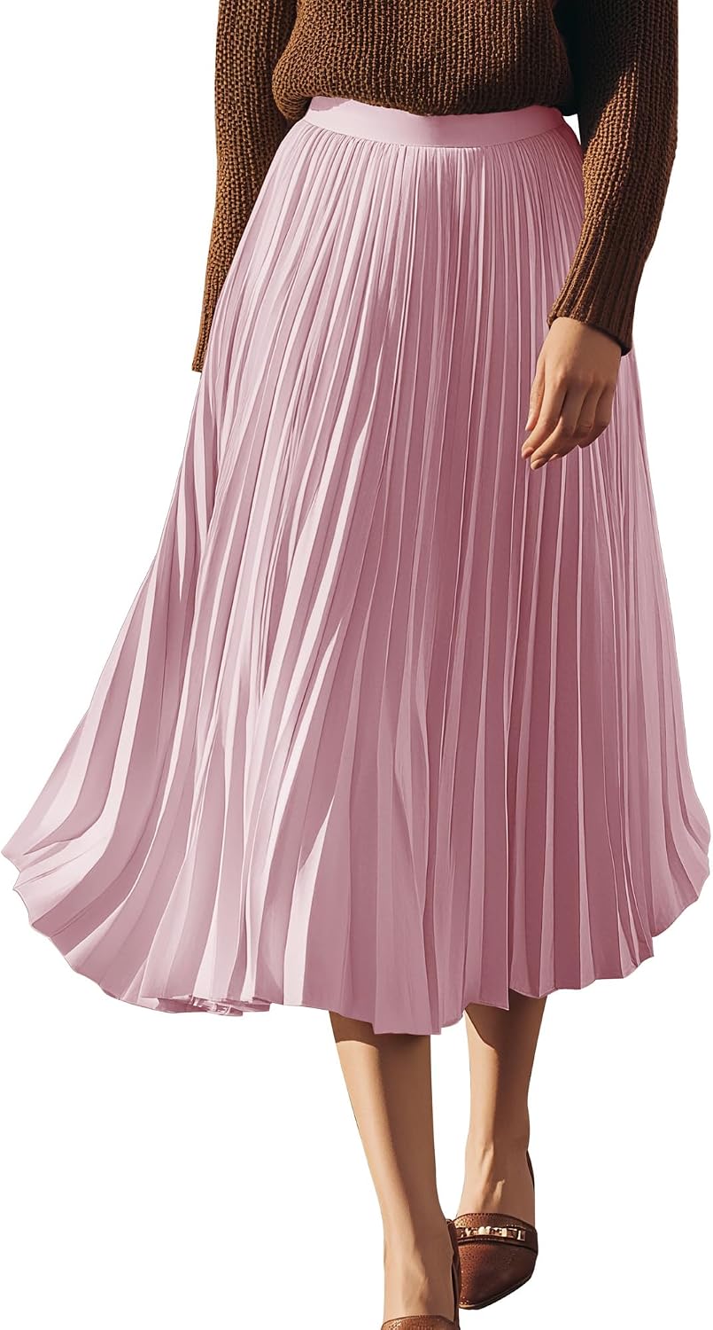 Women's Pleated Chiffon Midi Skirt - A-Line Flowy Swing Skirt with High Elastic Waist for Work and Party Wear - Small (1