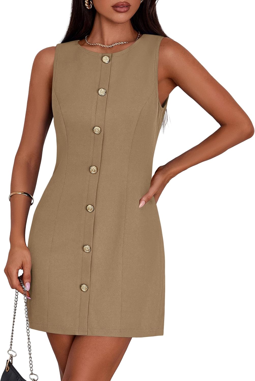 Women's A-Line Cocktail Work Dress - Sleeveless Button Down Mini with Semi Formal Styling for Office and Dinner - Small