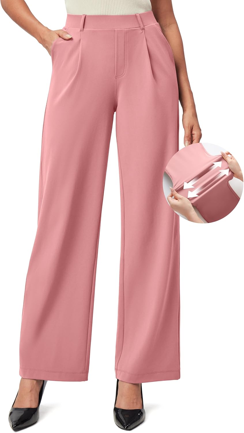 Women's Stretchy Wide Leg Work Pants - Pull On High Waisted Trousers for Teaching, Travel and Office Days - Small (9)