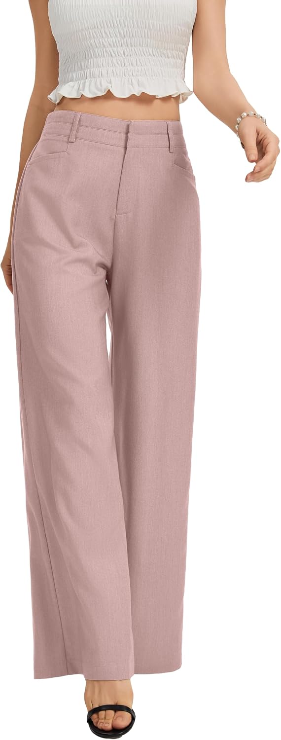 Women's High Waist Wide Leg Work Pants - Loose Office Slacks with Back Elastic Waistband for Business Casual - Large Sho