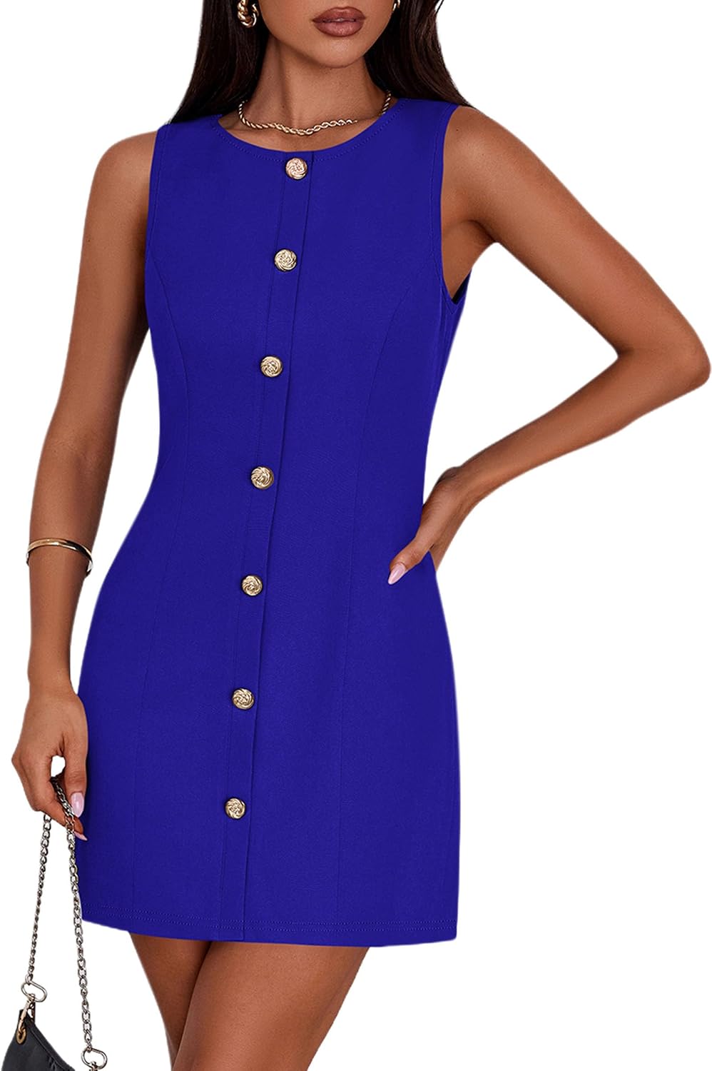 Women's A-Line Cocktail Work Dress - Sleeveless Button Down Mini with Semi Formal Styling for Office and Dinner - Small