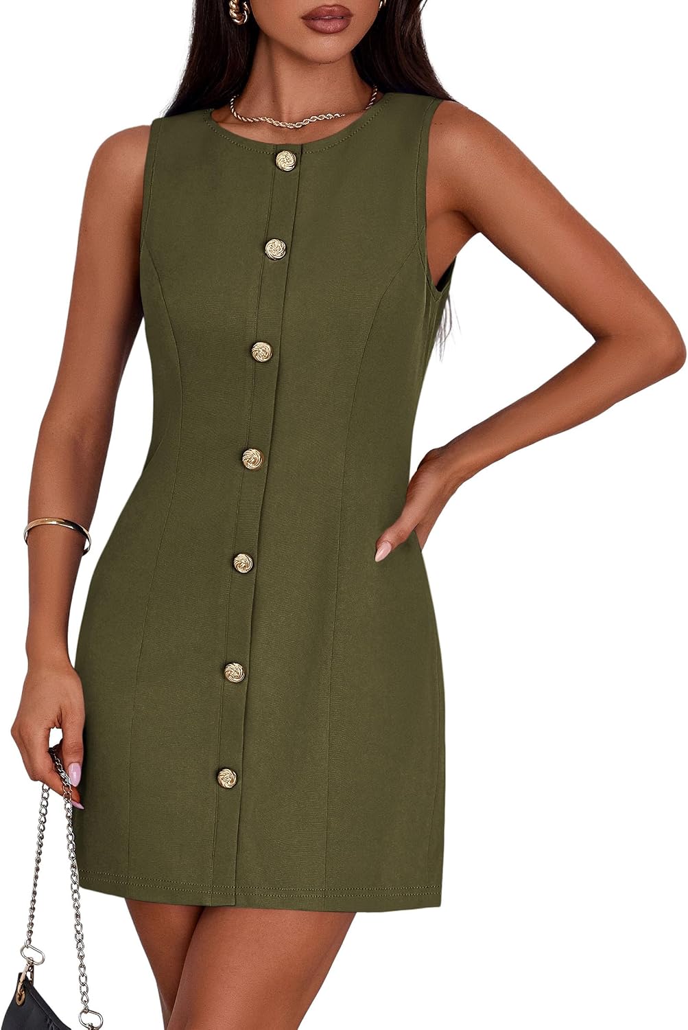 Women's A-Line Cocktail Work Dress - Sleeveless Button Down Mini with Semi Formal Styling for Office and Dinner - Small
