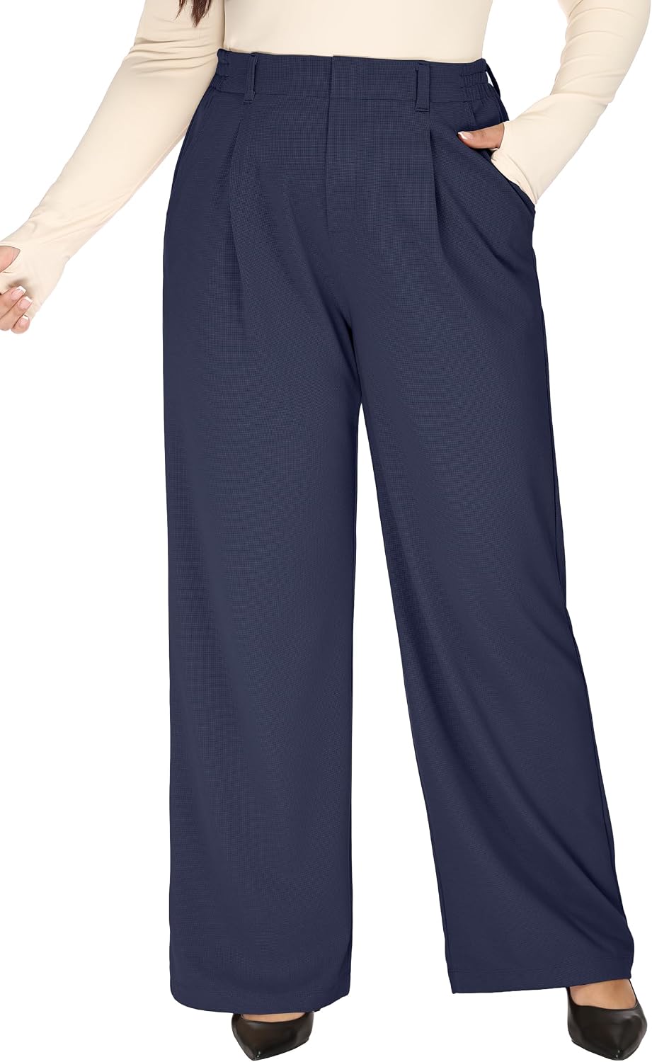 Women's Plus Size Wide Leg Dress Pants - Pull On Stretch High Waist Trousers with Two Pockets for Office Work - Petite (