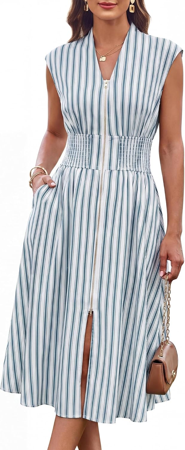 Women's Smocked Waist Work Dress - Cap Sleeve V Neck Midi with Front Zipper for Office and Summer Vacation Days - Army G