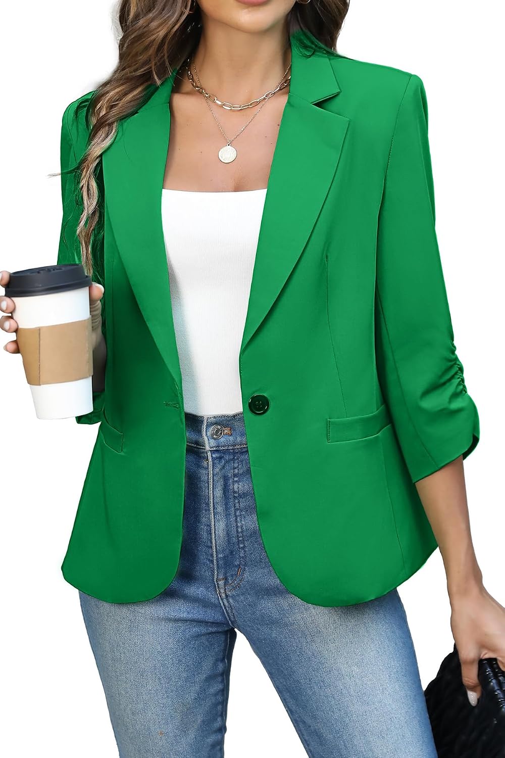 Women's Ruched Three Quarter Sleeve Blazer - Lightweight Fitted Crop Jacket with Full Lining for Spring Office - Small