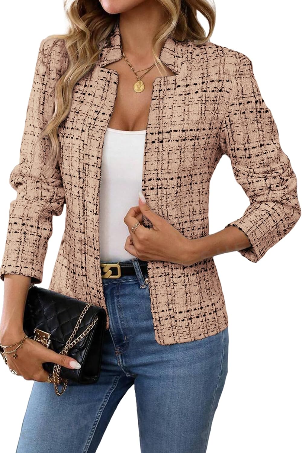 Women's Tweed Open Front Blazer - Fully Lined Notch Collar Jacket with Long Sleeves for Office and Business Wear - Small