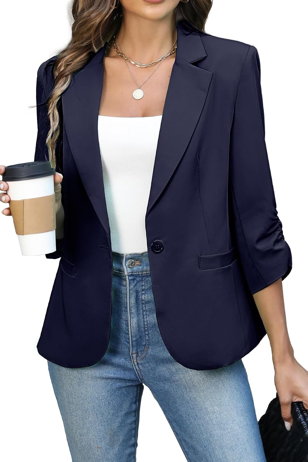 Women's Ruched Three Quarter Sleeve Blazer - Lightweight Fitted Crop Jacket with Full Lining for Spring Office - Small (