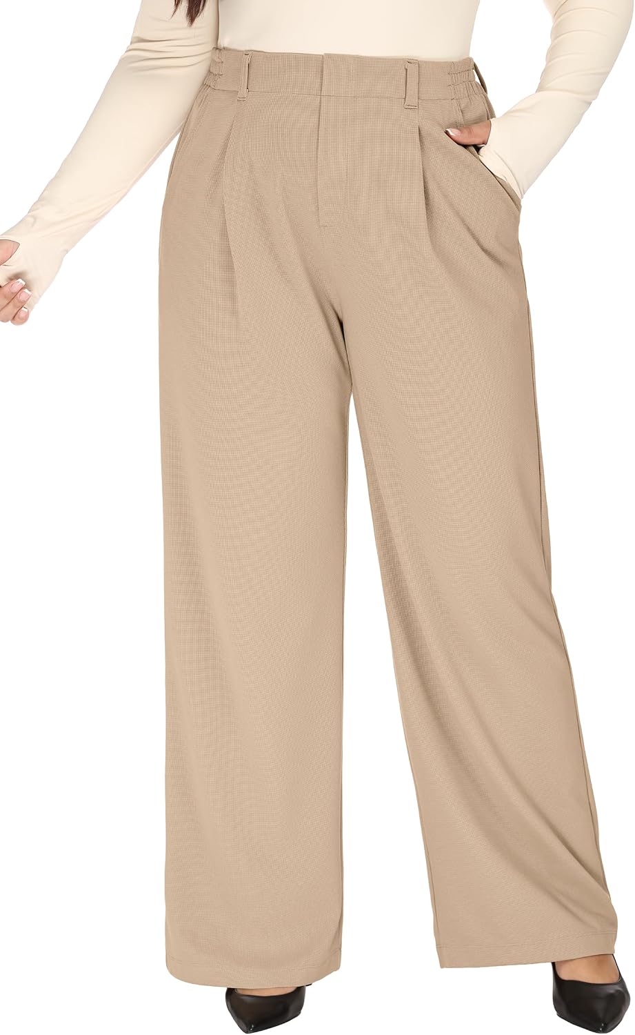 Women's Plus Size Wide Leg Dress Pants - Pull On Stretch High Waist Trousers with Two Pockets for Office Work - Petite (