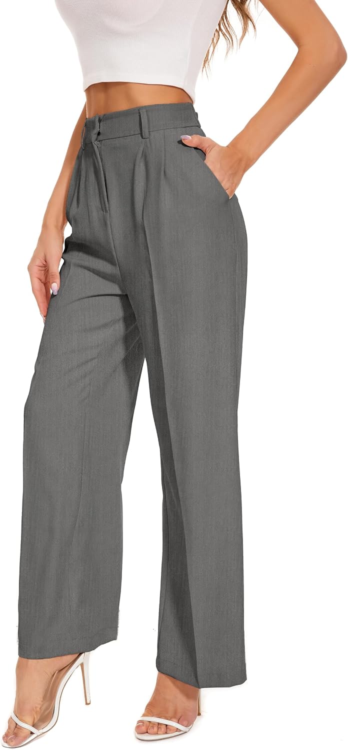 Women's High Waist Wide Leg Work Pants - Loose Office Slacks with Back Elastic Waistband for Business Casual - Small