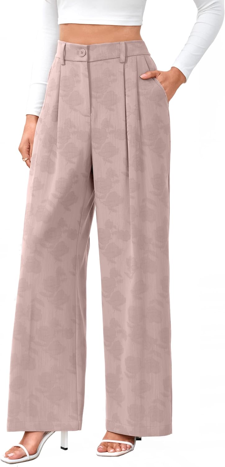 Women's High Waist Wide Leg Work Pants - Loose Office Slacks with Back Elastic Waistband for Business Casual - Large Sho