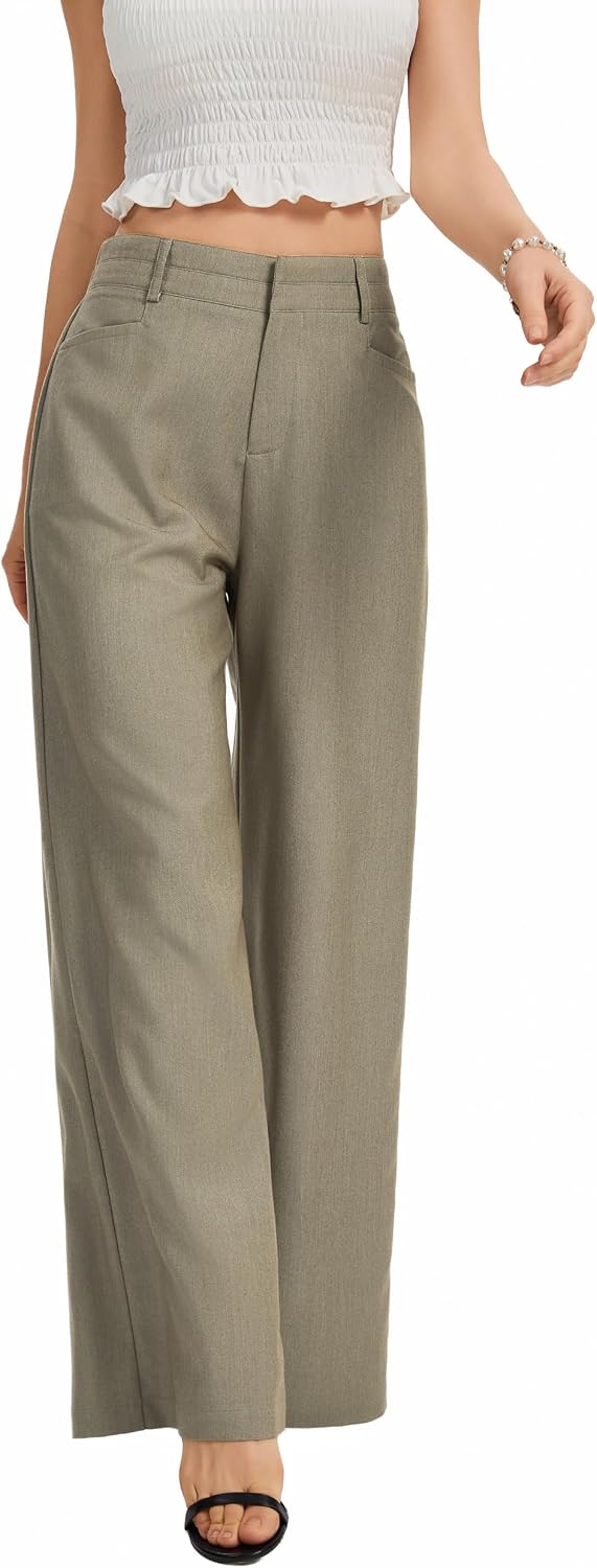 Women's High Waist Wide Leg Work Pants - Loose Office Slacks with Back Elastic Waistband for Business Casual - Medium Lo