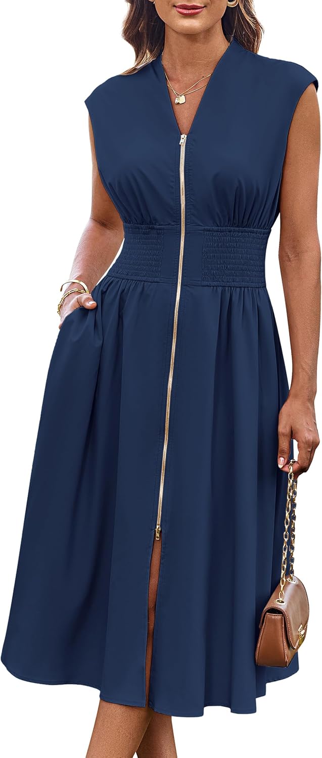 Women's Smocked Waist Work Dress - Cap Sleeve V Neck Midi with Front Zipper for Office and Summer Vacation Days - Aprico