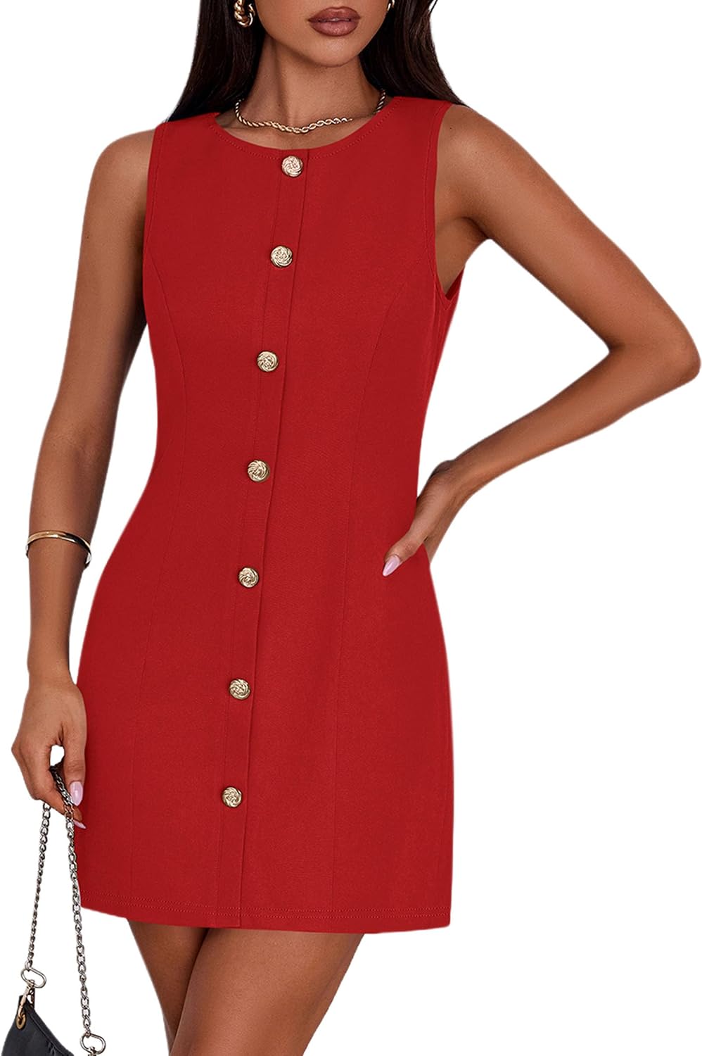 Women's A-Line Cocktail Work Dress - Sleeveless Button Down Mini with Semi Formal Styling for Office and Dinner - Small