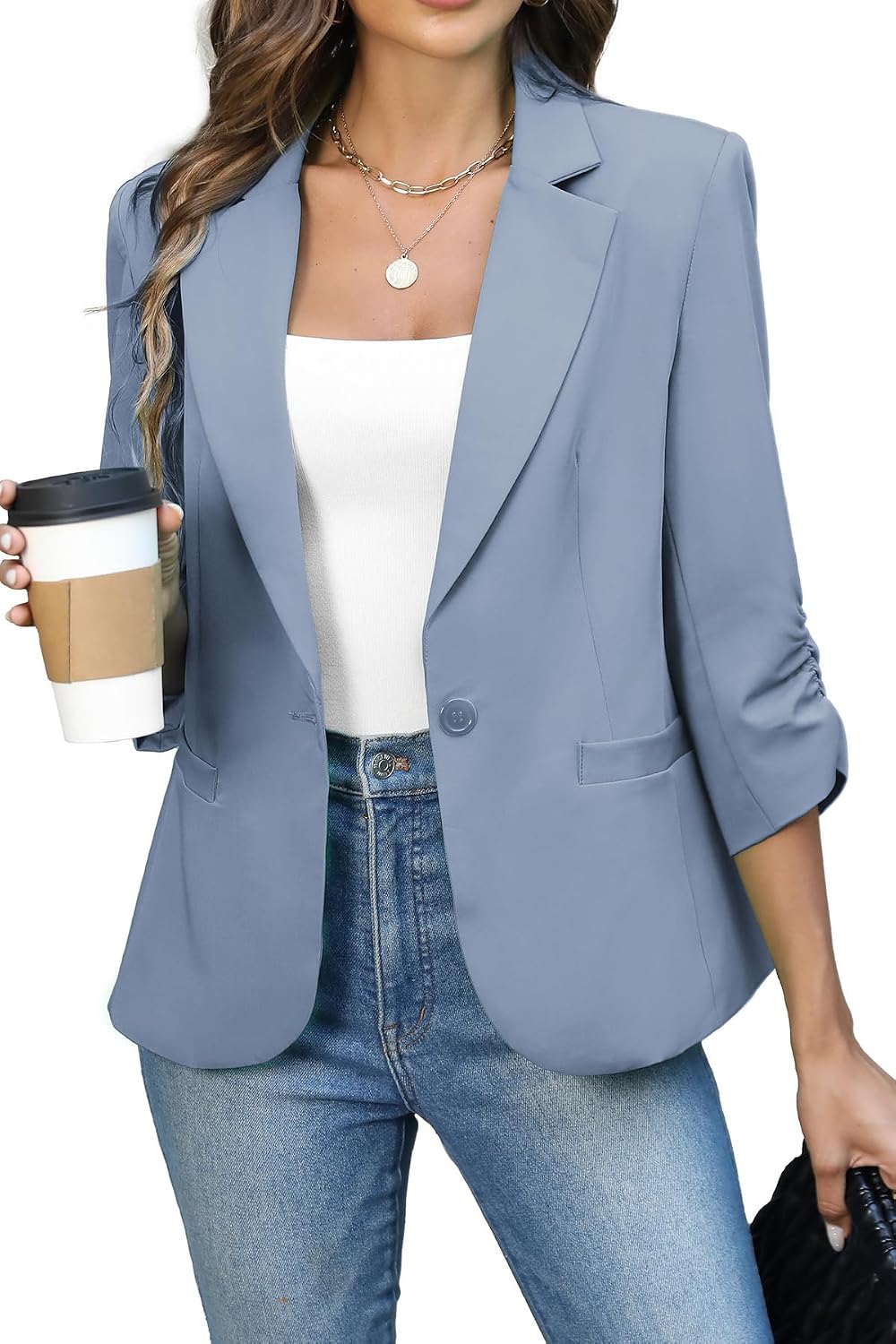 Women's Ruched Three Quarter Sleeve Blazer - Lightweight Fitted Crop Jacket with Full Lining for Spring Office - Small (