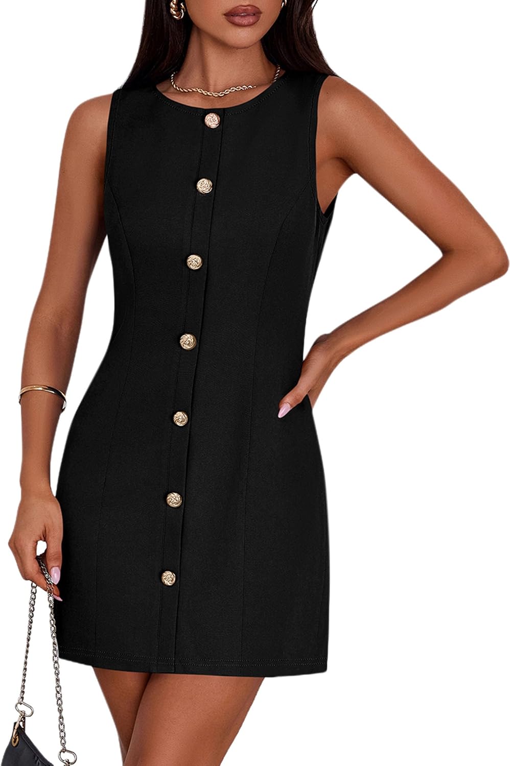 Women's A-Line Cocktail Work Dress - Sleeveless Button Down Mini with Semi Formal Styling for Office and Dinner - Small