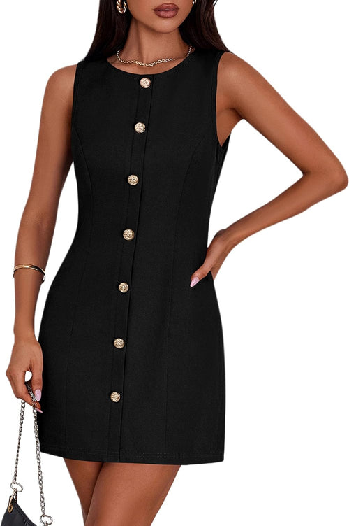 Women's A-Line Cocktail Work Dress - Sleeveless Button Down Mini with Semi Formal Styling for Office and Dinner - Small