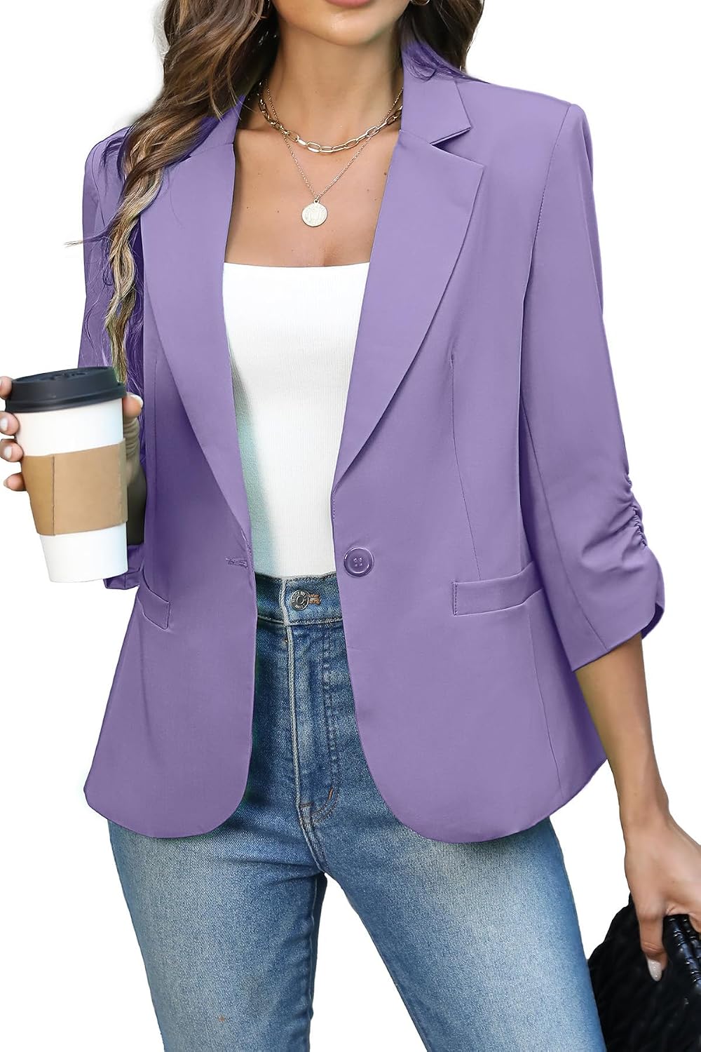 Women's Ruched Three Quarter Sleeve Blazer - Lightweight Fitted Crop Jacket with Full Lining for Spring Office - Small