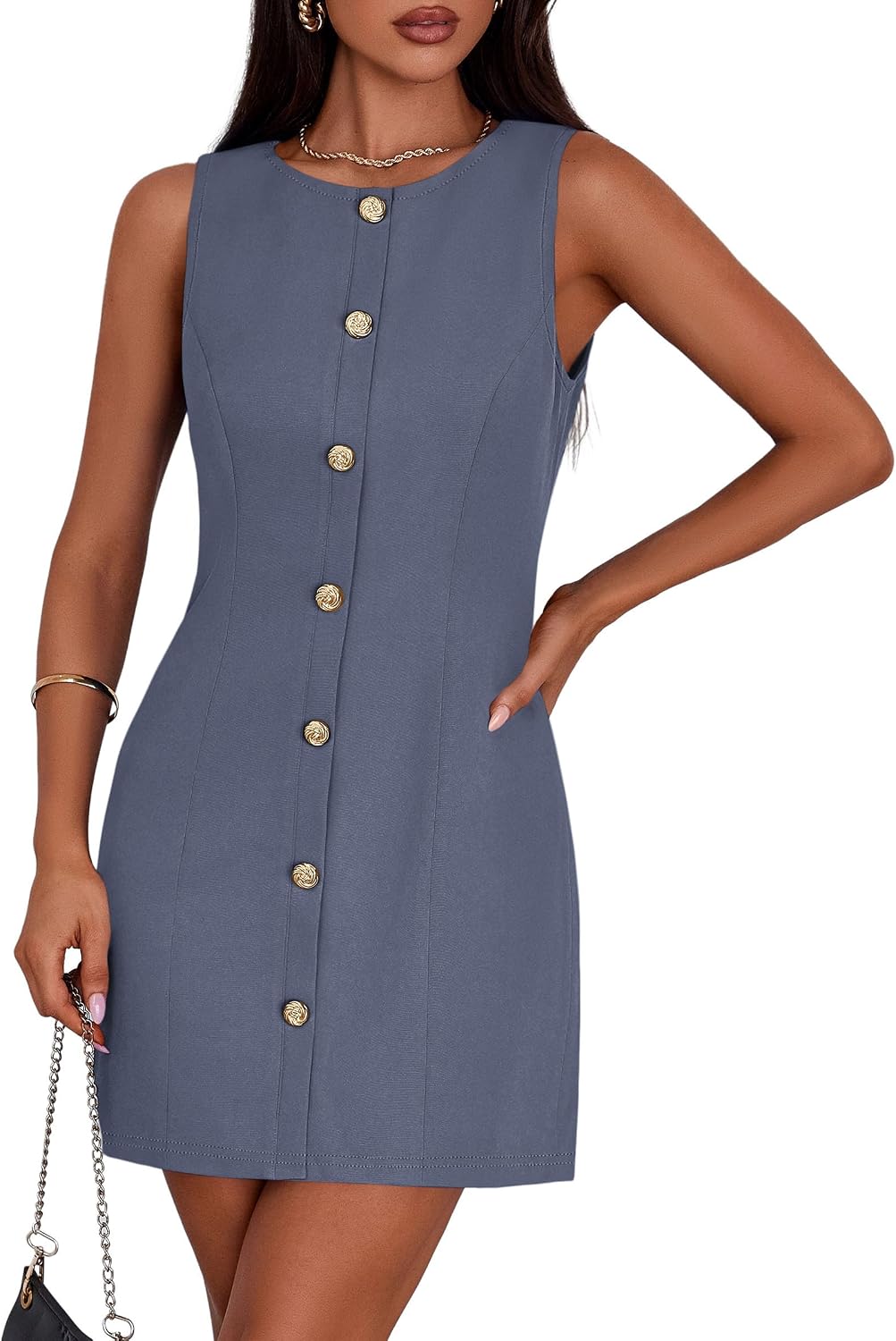 Women's A-Line Cocktail Work Dress - Sleeveless Button Down Mini with Semi Formal Styling for Office and Dinner - Small