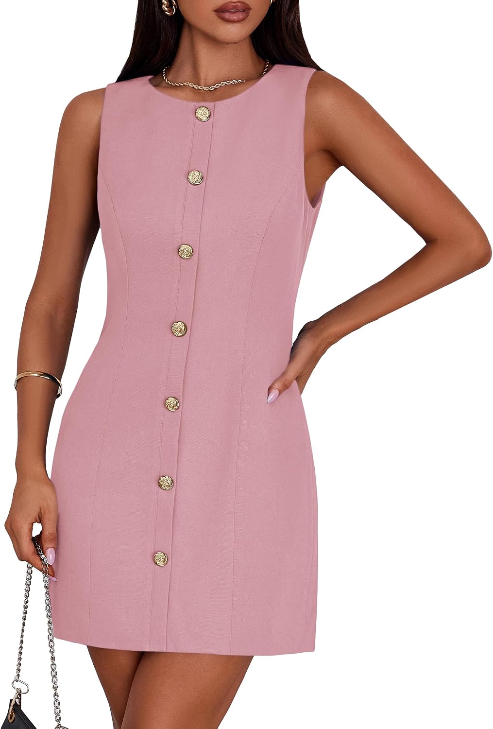 Women's A-Line Cocktail Work Dress - Sleeveless Button Down Mini with Semi Formal Styling for Office and Dinner - Medium