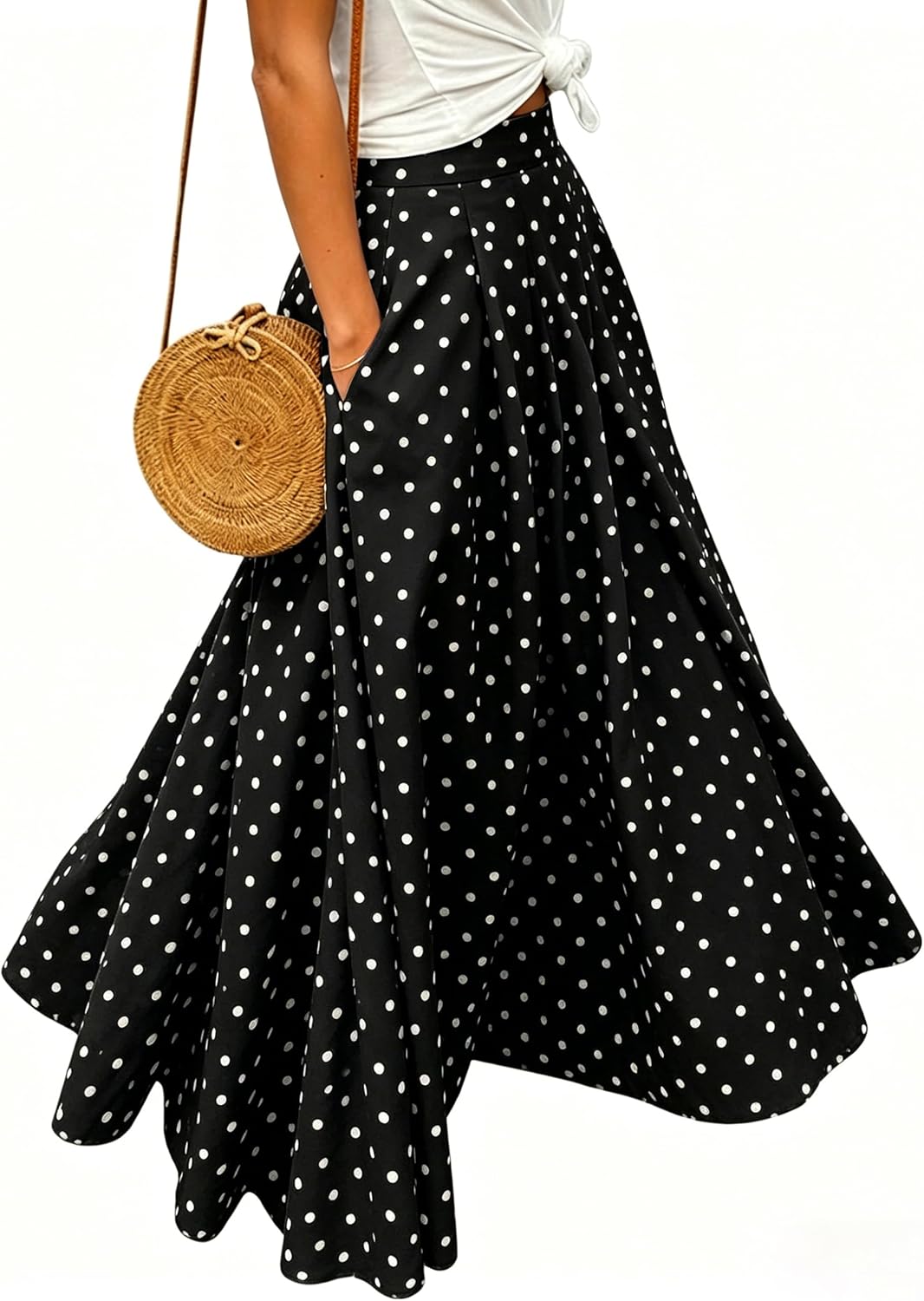 Women's Gingham Plaid Maxi Skirt - High Waist A-Line Pleated Long Skirt with Elastic Waist and Side Pockets - Medium