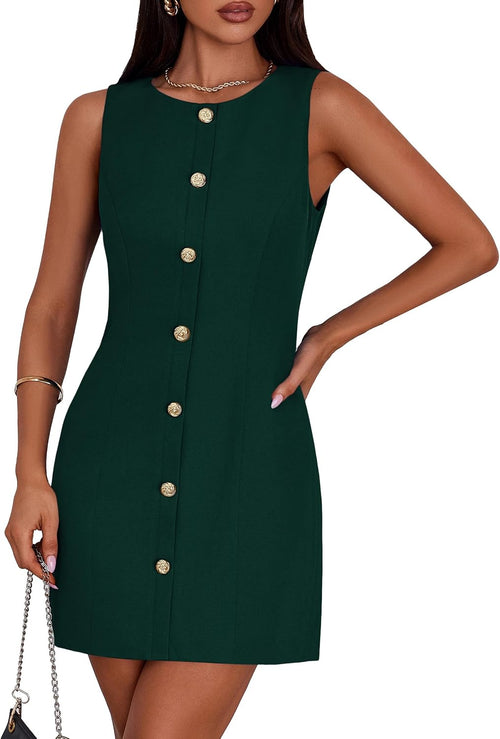 Women's A-Line Cocktail Work Dress - Sleeveless Button Down Mini with Semi Formal Styling for Office and Dinner - Small