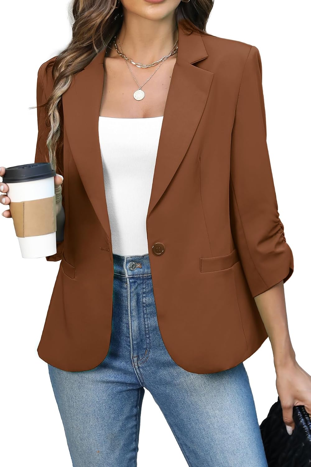 Women's Ruched Three Quarter Sleeve Blazer - Lightweight Fitted Crop Jacket with Full Lining for Spring Office - Small (