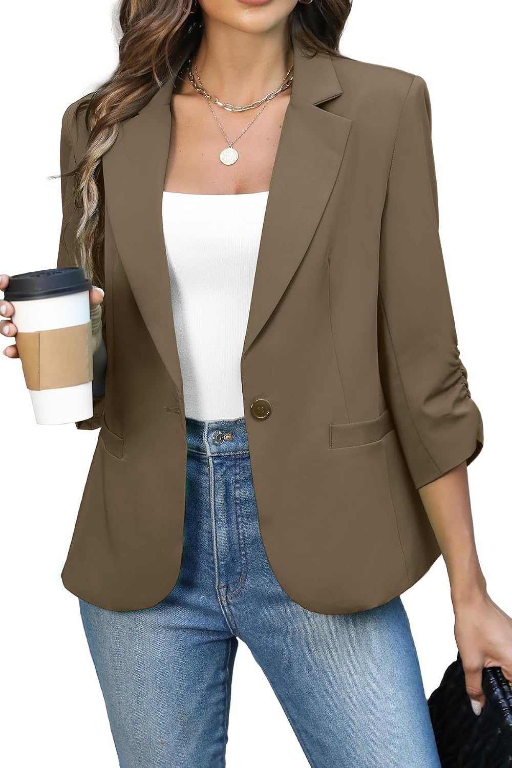 Women's Ruched Three Quarter Sleeve Blazer - Lightweight Fitted Crop Jacket with Full Lining for Spring Office - Medium