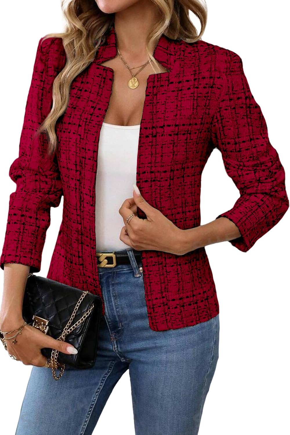 Women's Tweed Open Front Blazer - Fully Lined Notch Collar Jacket with Long Sleeves for Office and Business Wear - Small