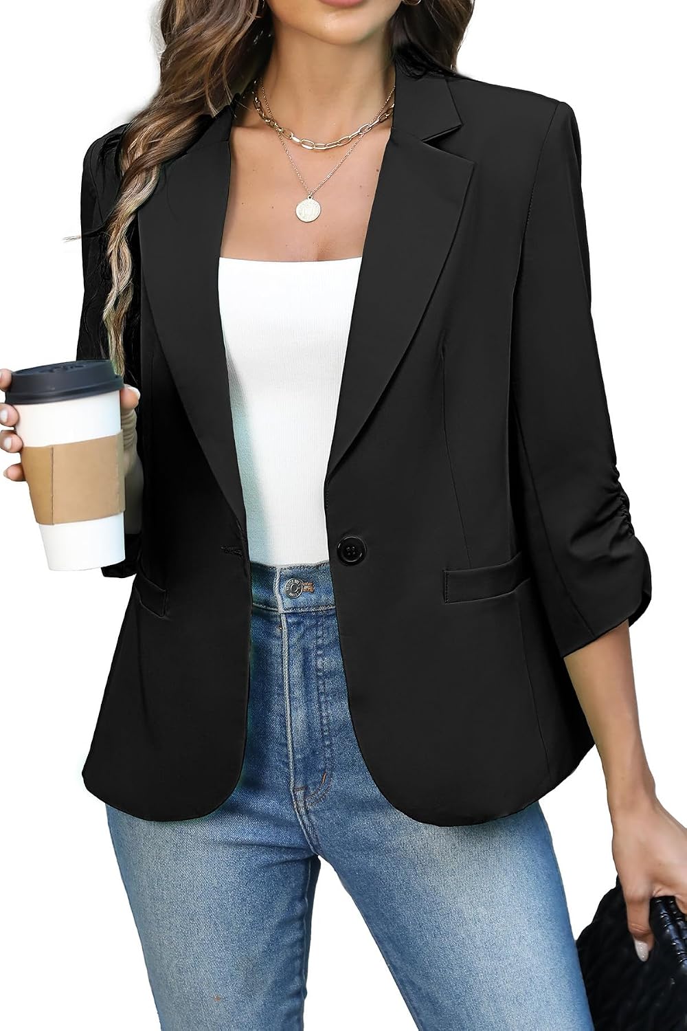 Women's Ruched Three Quarter Sleeve Blazer - Lightweight Fitted Crop Jacket with Full Lining for Spring Office - Small